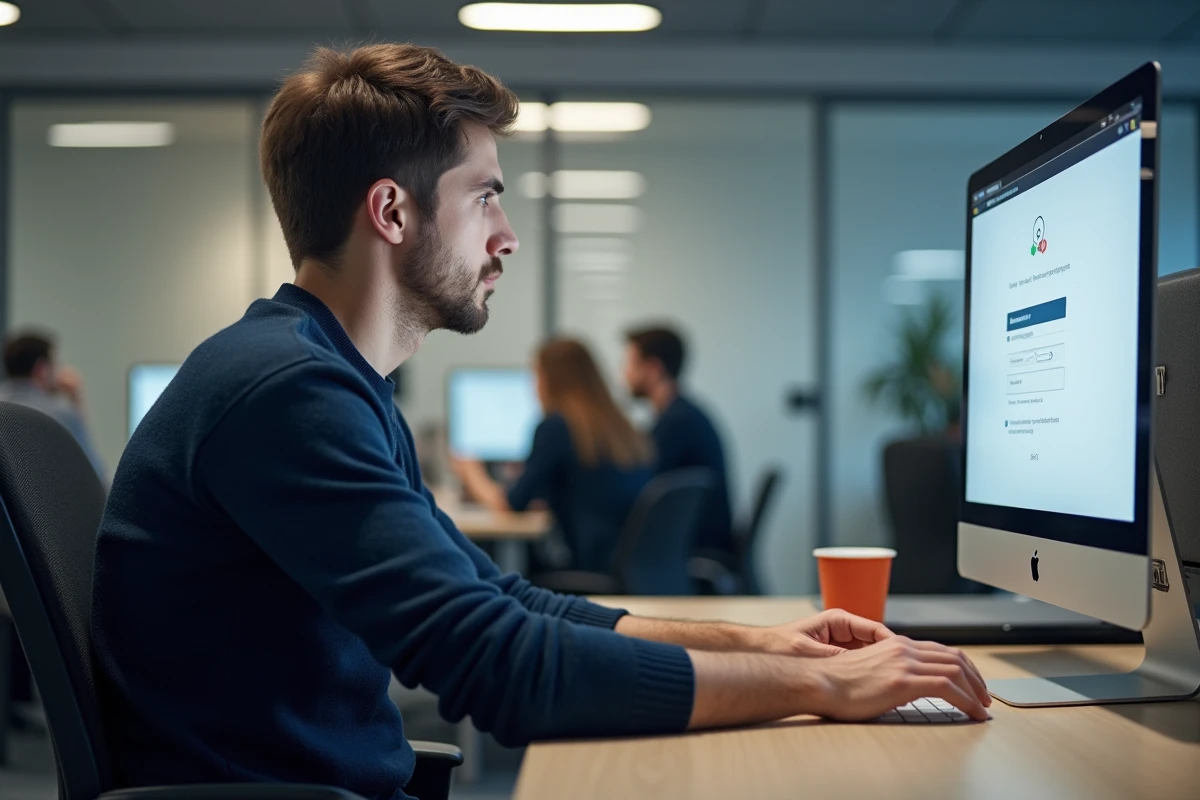 Jeune homme accédant à sa messagerie webmail depuis un poste de travail en open space