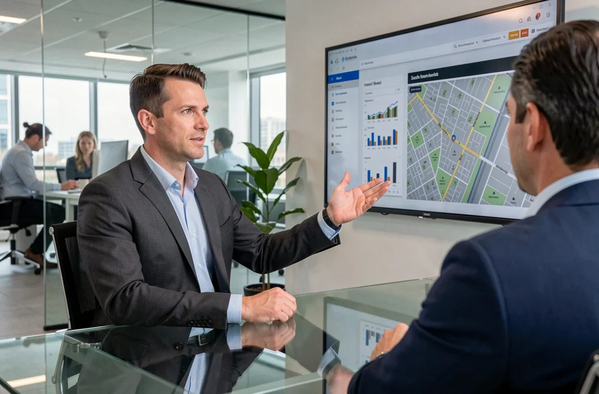 Un agent immobilier présente des tendances du marché immobilier 2024 sur un écran numérique interactif dans une agence moderne