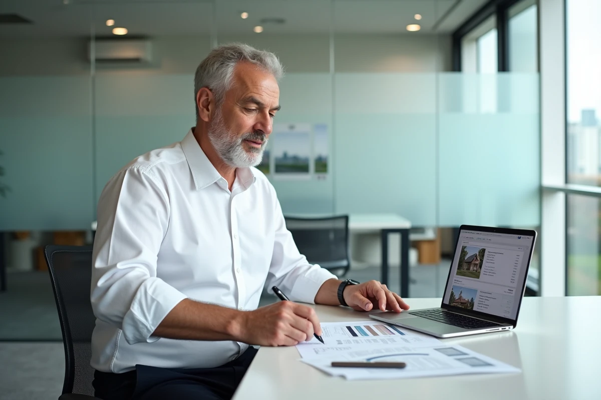 Agent immobilier analysant un rapport d'estimation immobilière dans un bureau moderne avec ordinateur portable et documents