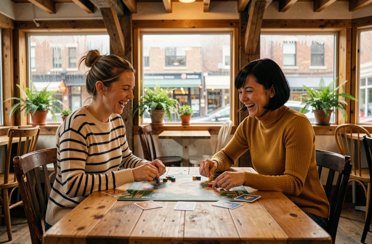 Deux amies jouant à un jeu de société dans un café cosy, tendance loisirs sociaux et moments de partage