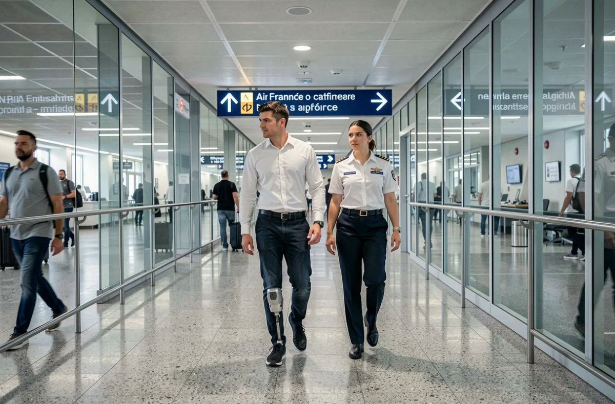 Jeune homme en situation de handicap moteur marchant dans un couloir accessible d'aéroport accompagné d'un agent Air France