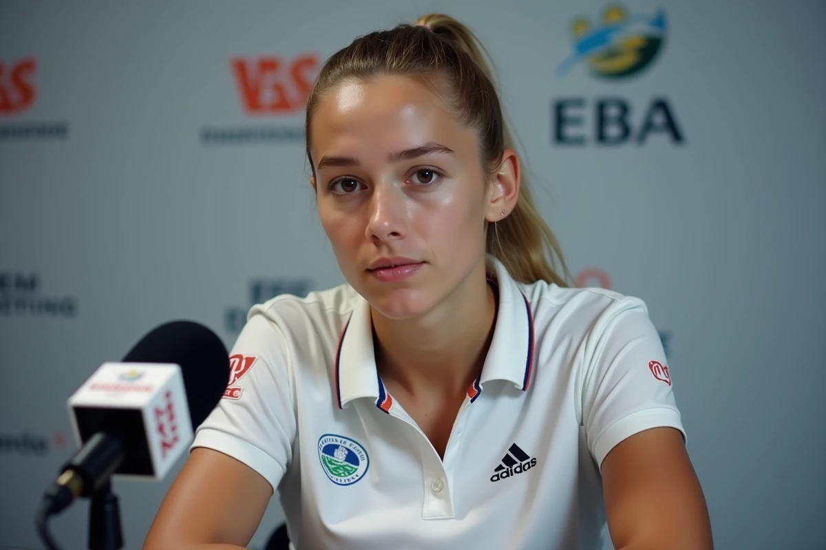 Athlète professionnelle en conférence de presse après un match de tennis avec bannières de sponsors