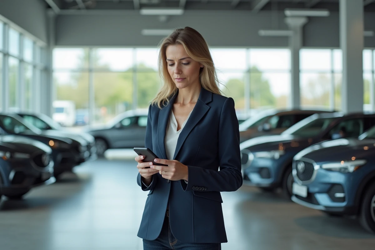 Femme consultant des avis sur autofantom fr dans un showroom automobile avec son smartphone