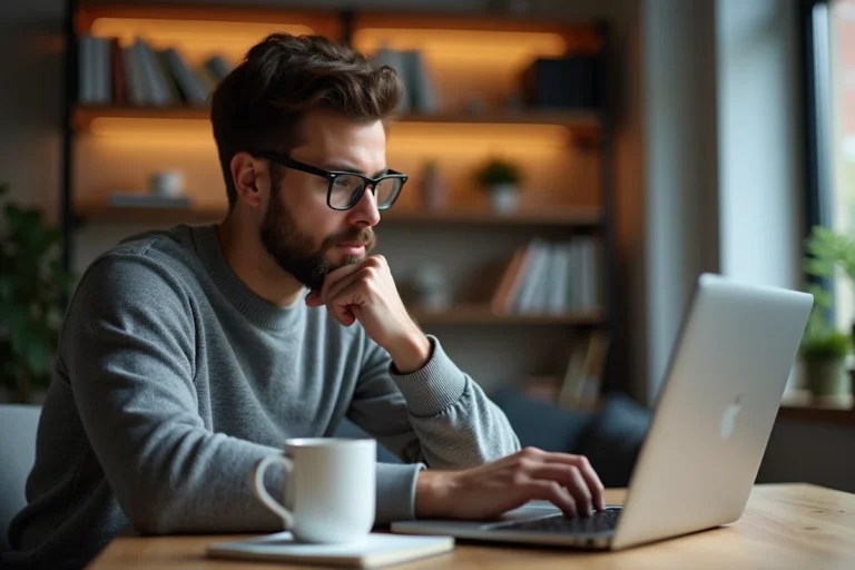 Homme consultant des avis clients en ligne sur un ordinateur portable dans un bureau à domicile moderne