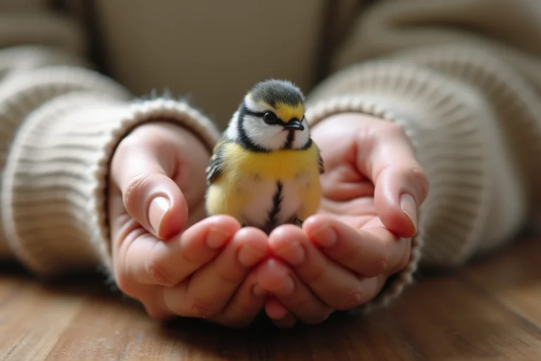 Bébé mésange charbonnière tenu dans une main humaine, oisillon aux plumes duvetteuses avec le bec entrouvert