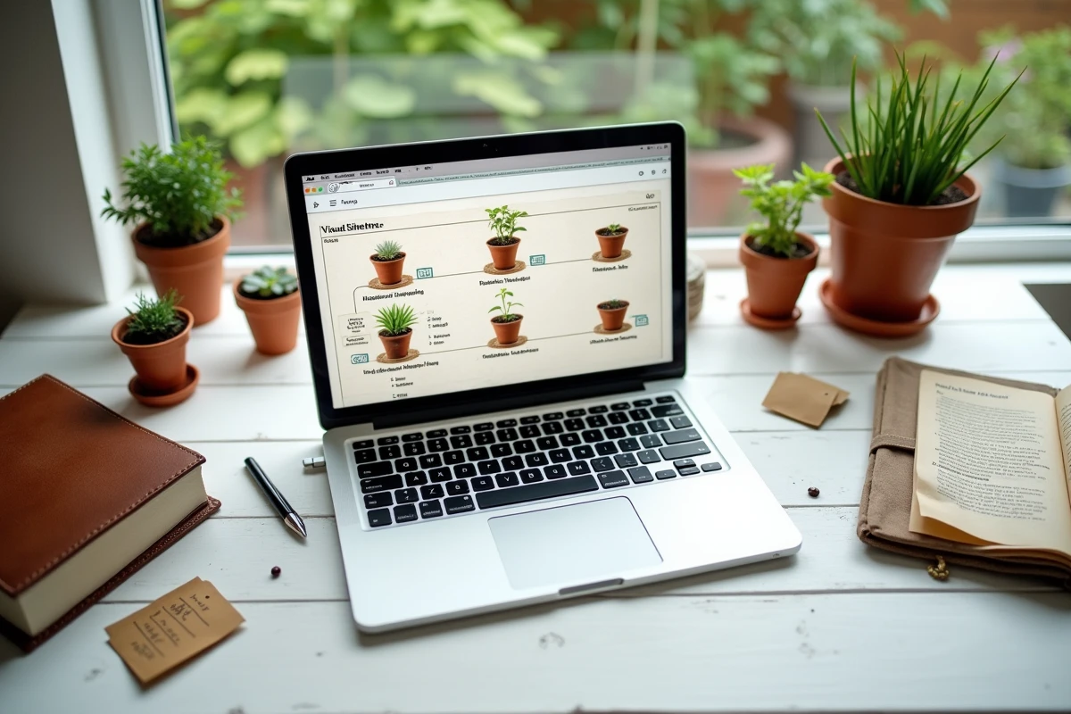 Bureau de jardinier organisé avec plan de site affiché sur laptop entouré de livres et semences