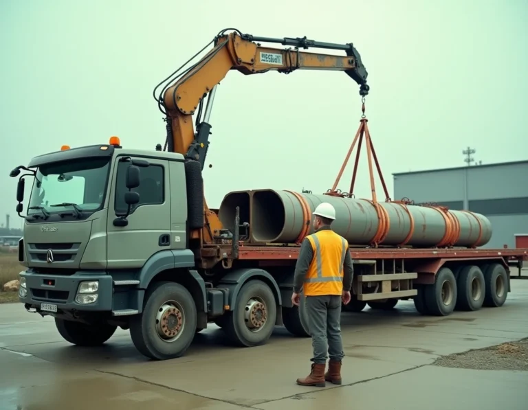 Camion plateau avec grue hydraulique soulevant une poutre en acier dans un chantier industriel