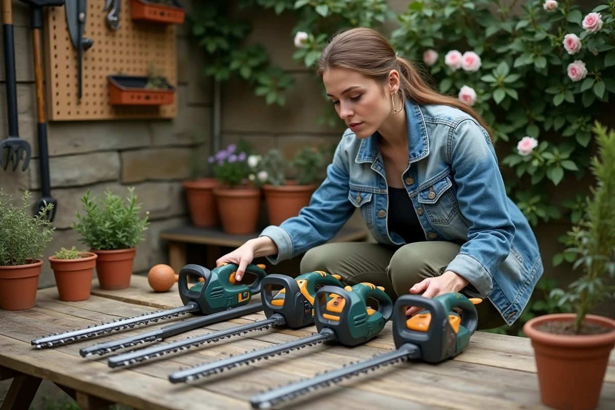 Femme comparant plusieurs modèles de taille-haies télescopiques sur une table de jardin en bois
