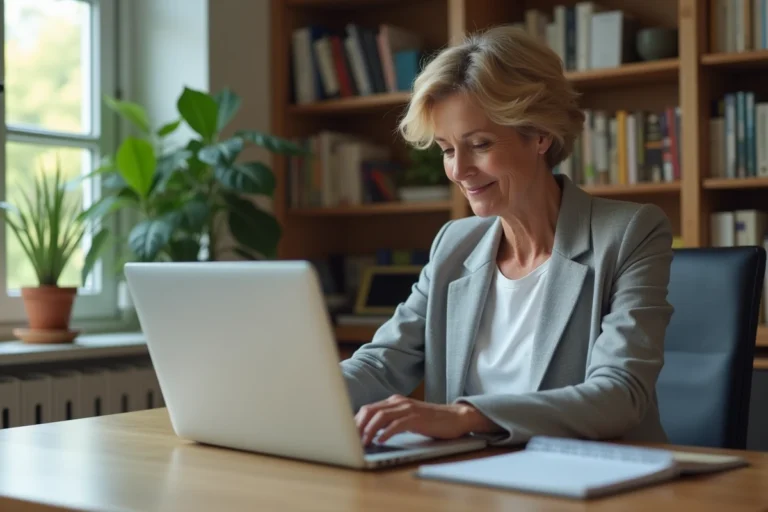 Femme connectée à sa messagerie webmail sur un ordinateur portable dans un bureau à domicile