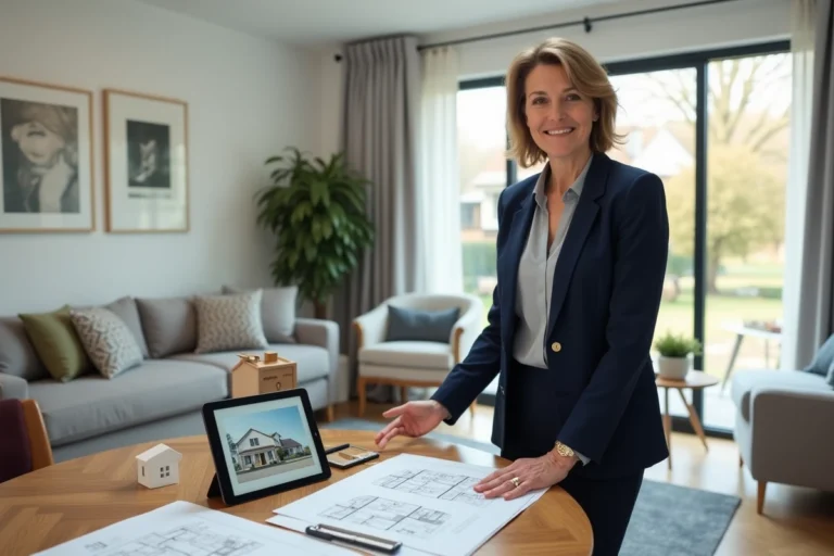 Conseillère immobilière présentant une estimation de bien immobilier avec documents et tablette sur une table en bois dans un salon moderne