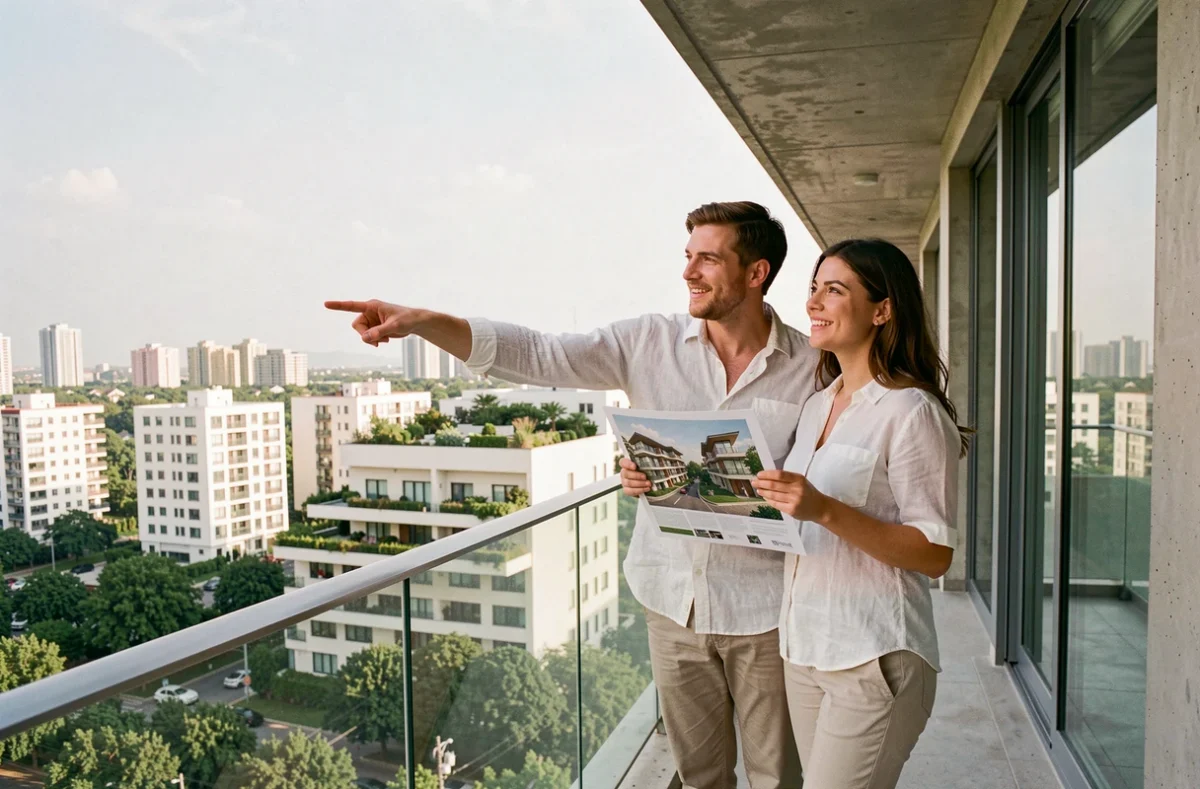 Un couple examine leur futur quartier depuis le balcon d'un immeuble neuf lors d'un projet d'achat immobilier en 2024