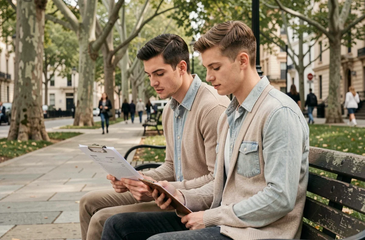 Couple de jeunes adultes consultant des documents administratifs sur un banc de parc en ville