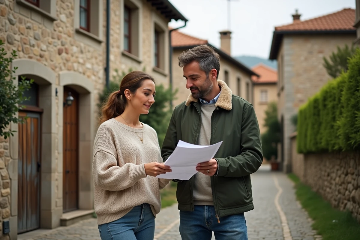Couple de propriétaires consultant une estimation immobilière devant leur maison en pierre à vendre dans un quartier résidentiel