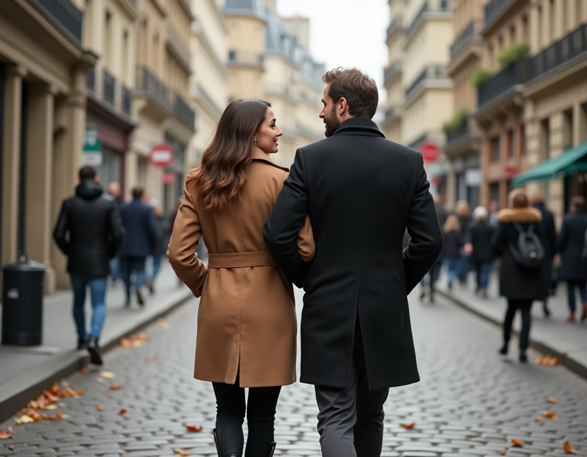 Couple élégant marchant dans une rue parisienne pavée en automne, ambiance urbaine et intimité de la vie privée