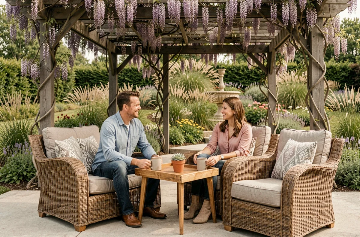 Couple se détendant dans un salon de jardin avec fauteuils en rotin et pergola fleurie de glycine