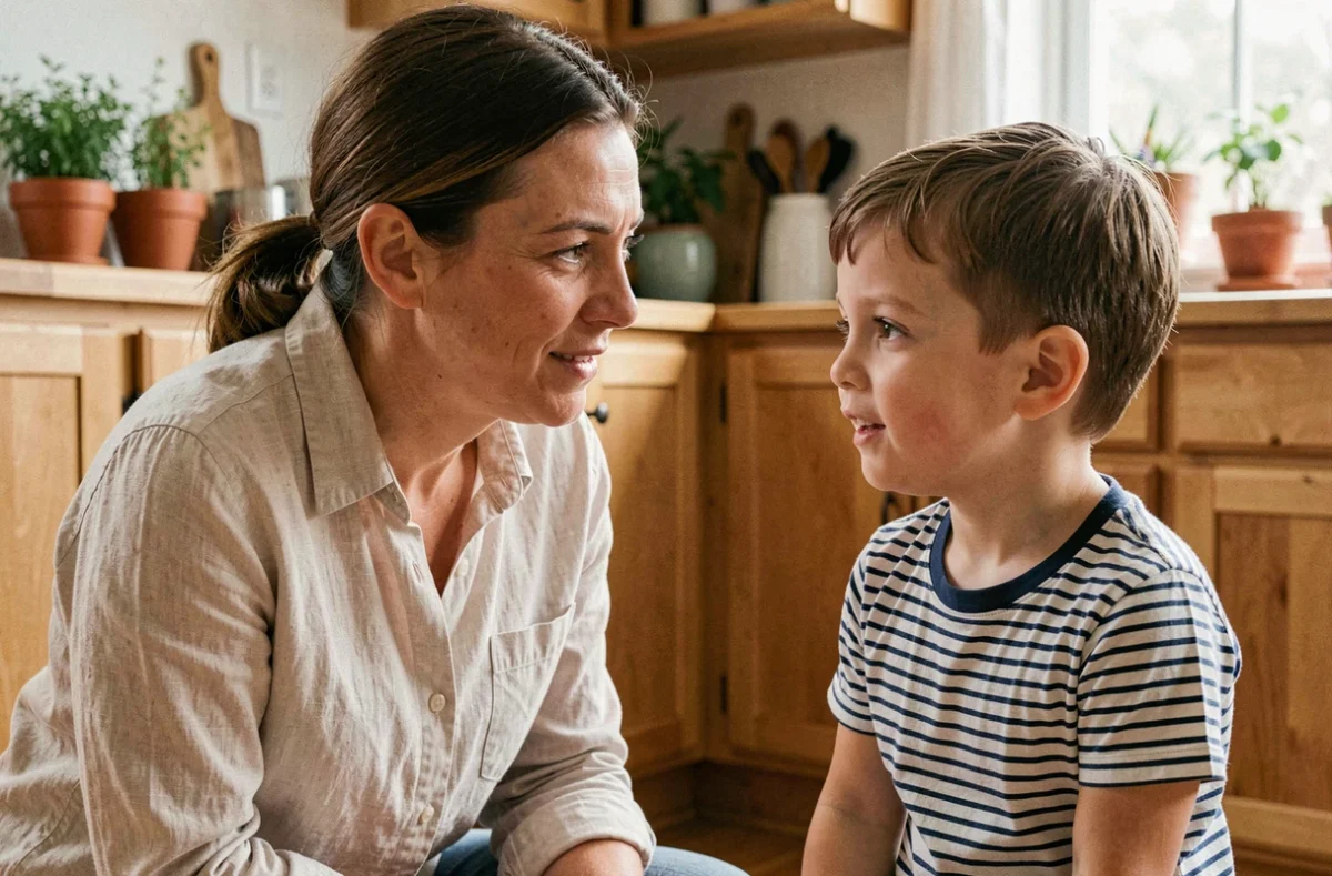 Mère bienveillante accroupie au niveau de son enfant lors d'une conversation calme et respectueuse dans une cuisine familiale chaleureuse