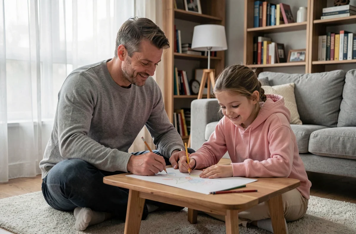 Père et fille dessinant ensemble assis par terre dans un salon, illustrant une éducation positive et des moments de complicité familiale