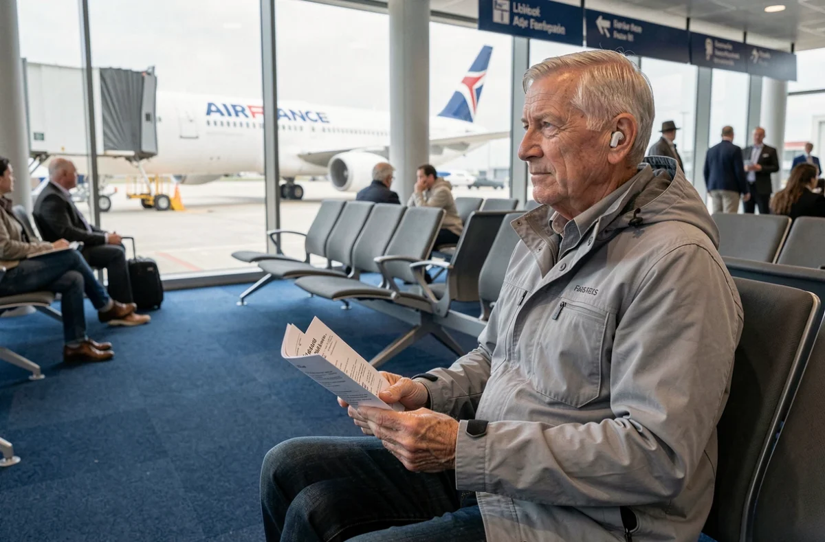 Passager senior malentendant dans la zone d'embarquement prioritaire d'un aéroport avec un avion Air France visible en arrière-plan