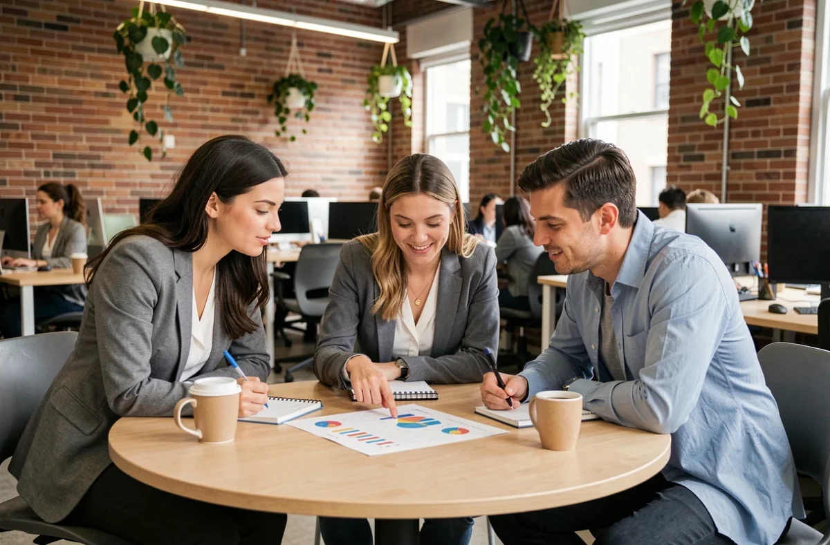 Équipe de collègues analysant ensemble une situation lors d'une réunion collaborative dans un espace de coworking