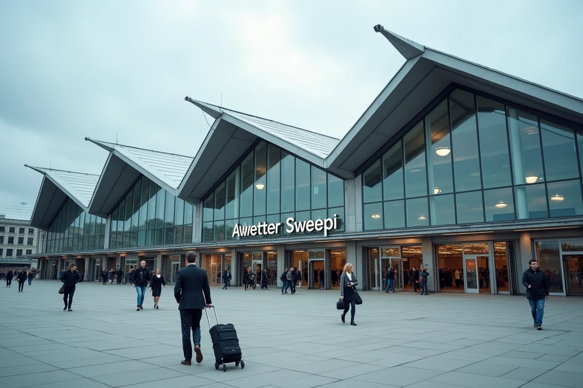 Façade moderne et vitrée de la gare de Lille Europe avec ses voyageurs sur l'esplanade piétonne