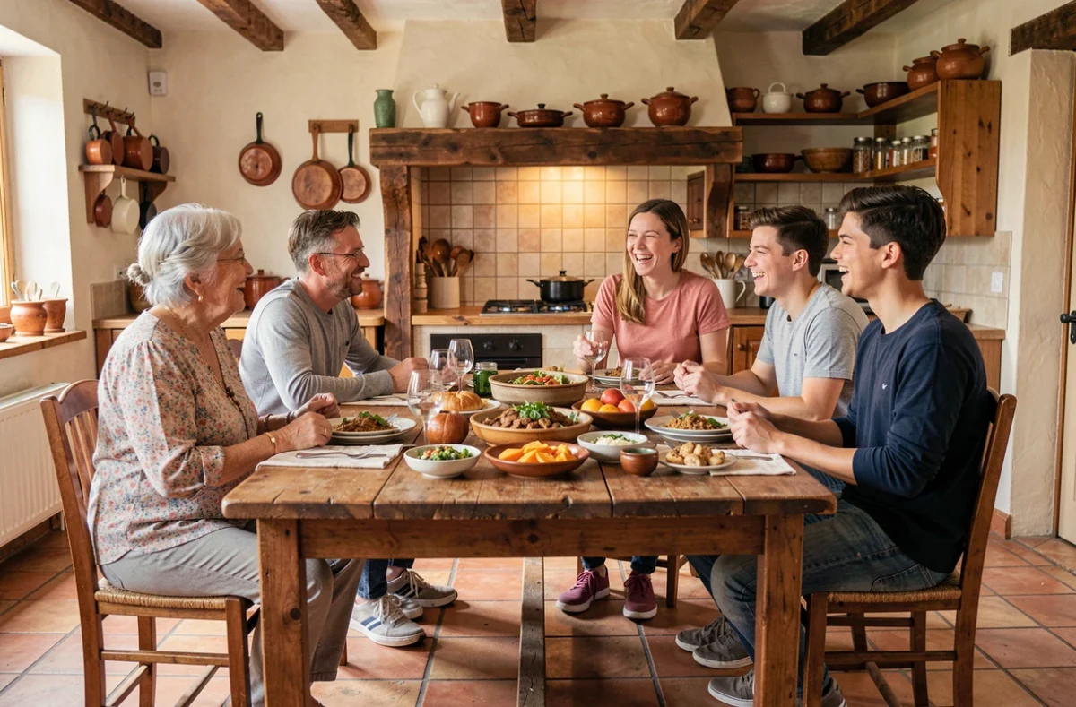 Famille multigénérationnelle réunie autour d'un repas dans une cuisine de campagne chaleureuse