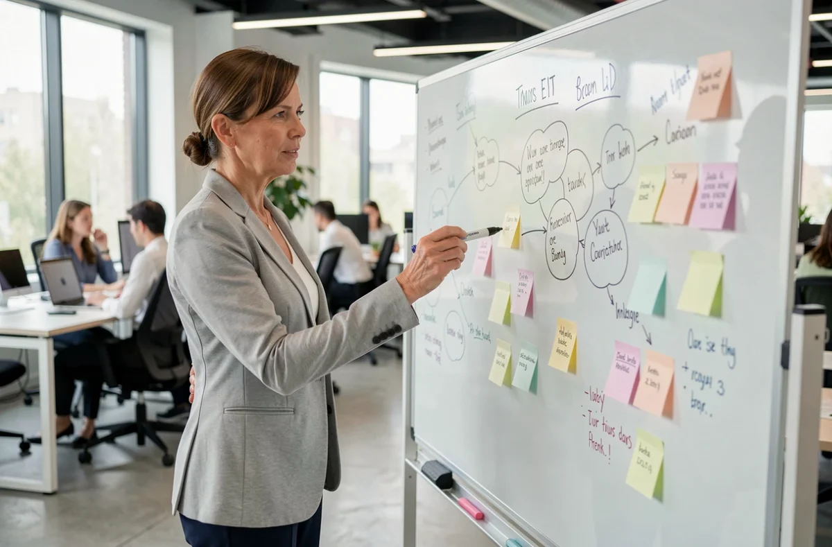 Femme professionnelle analysant une situation complexe sur un tableau blanc avec des notes et schémas dans un bureau moderne