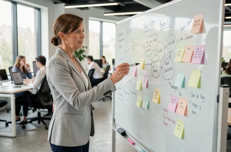 Femme professionnelle analysant une situation complexe sur un tableau blanc avec des notes et schémas dans un bureau moderne