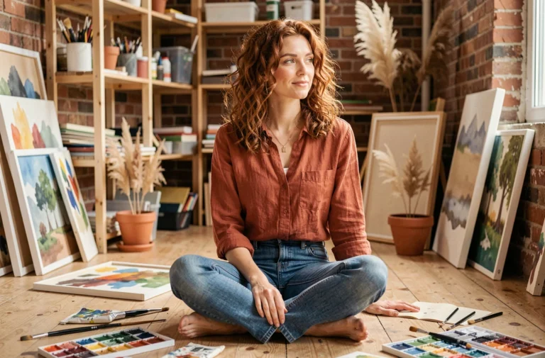 Femme créative peignant à l'aquarelle dans un studio d'art urbain, entourée de pinceaux et de toiles colorées