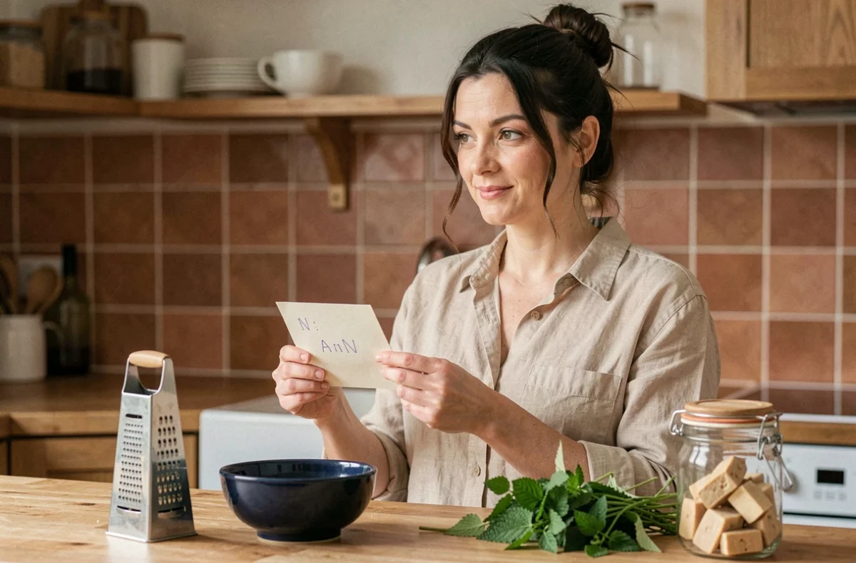 Femme tenant une note manuscrite dans une cuisine entourée d'objets commençant par N comme noix de muscade, noisettes et nougat