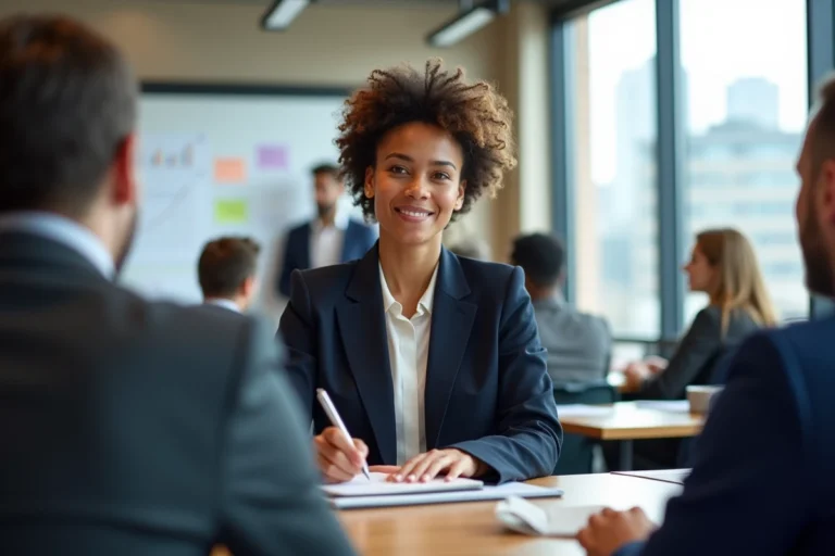 Femme en formation professionnelle prenant des notes dans une salle de cours moderne en milieu urbain