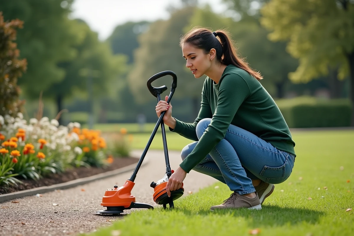 Femme comparant des trimmers dans un parc ensoleille