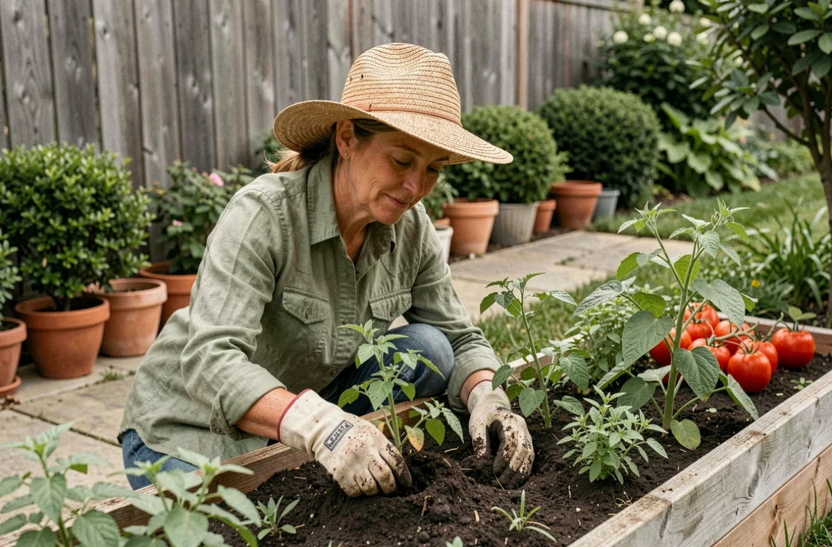 Femme jardinant avec chapeau de paille et gants de jardinage auprès d'un carré potager surélevé en bois