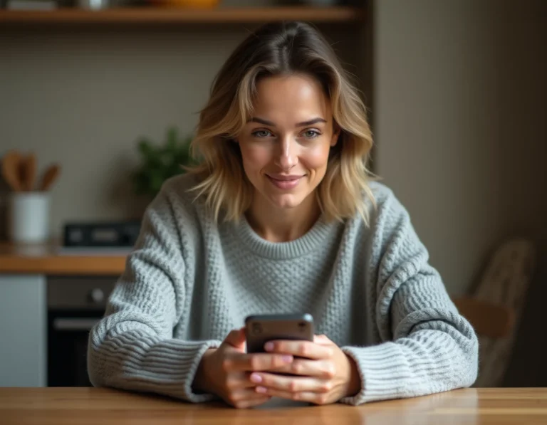 Femme consultant son smartphone face à un numéro de portable inconnu à la maison