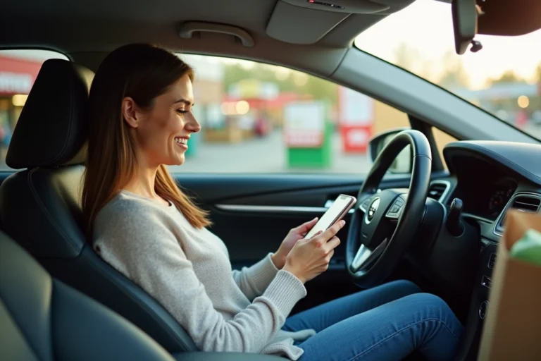 Femme dans sa voiture utilisant une appli de courses