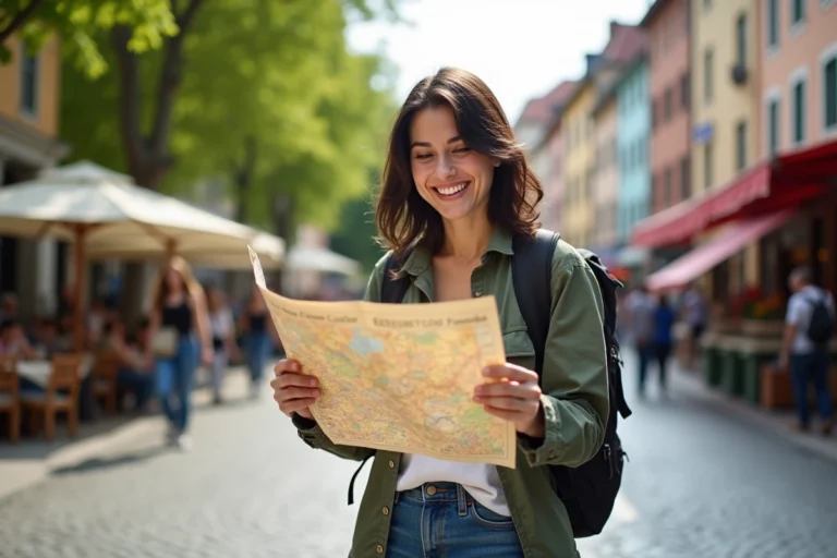 Femme souriante avec sac à dos dans une place européenne