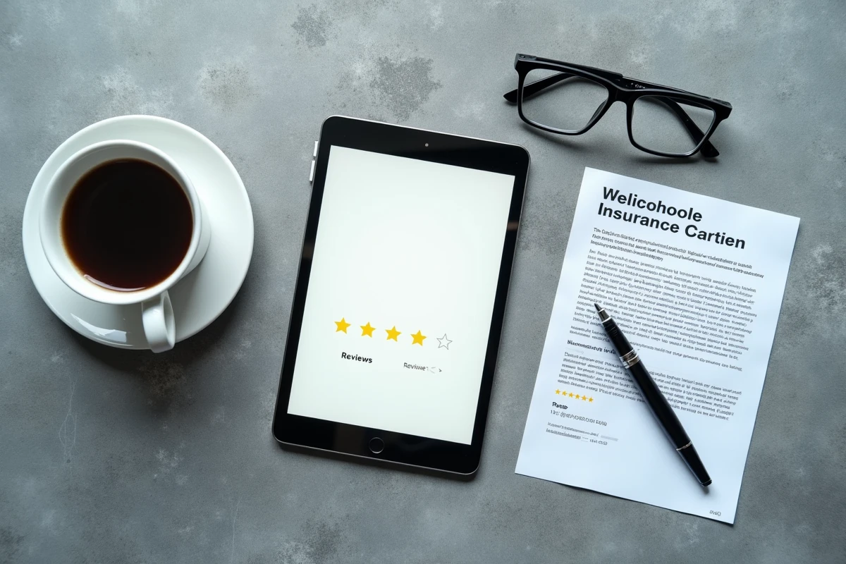 Vue aérienne d'une tablette affichant des avis étoilés sur autofantom fr avec des documents automobiles sur un bureau