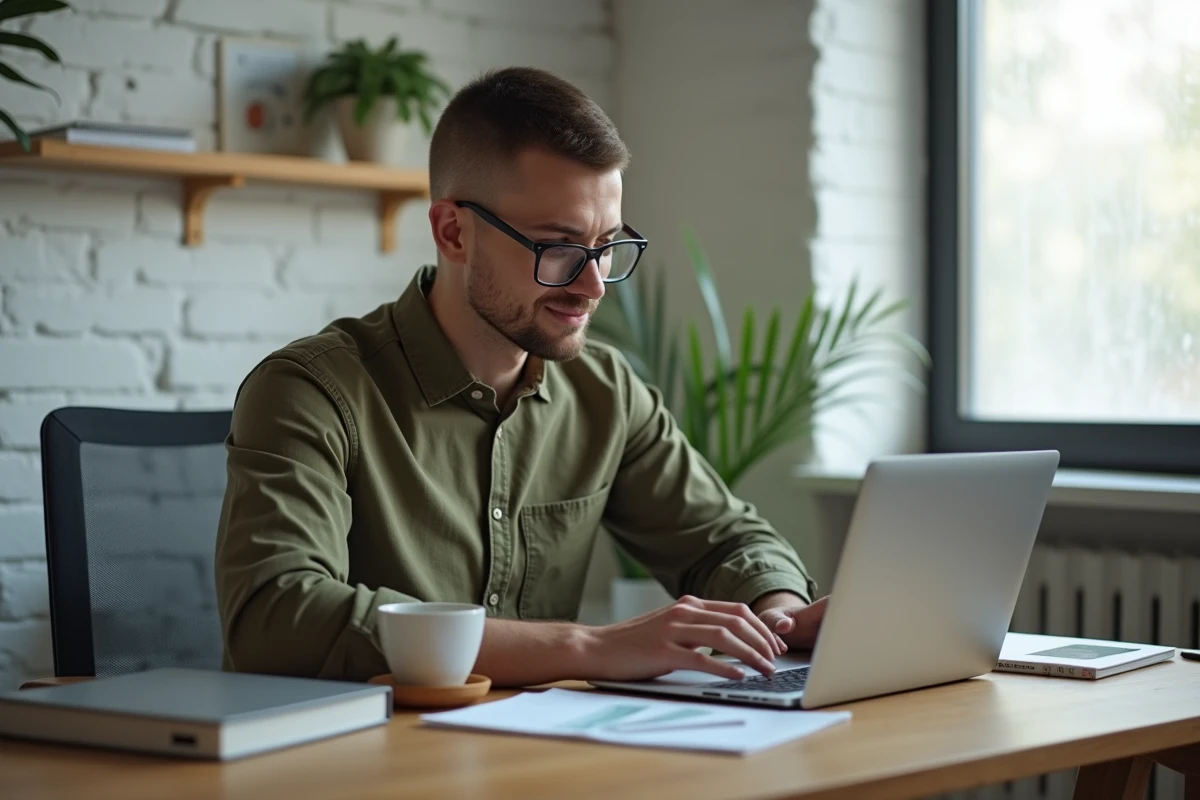 Jeune professionnel suivant une formation en ligne depuis son bureau à domicile pour développer ses compétences