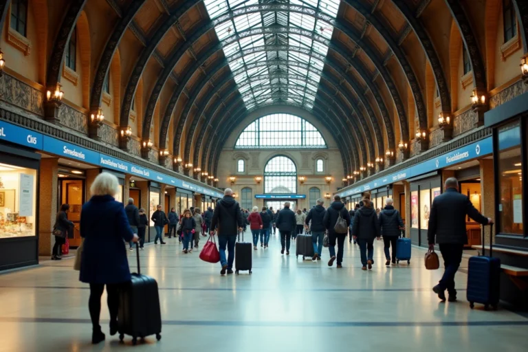 Hall principal de la gare de Lille Flandres avec ses arches en fer forgé et ses voyageurs traversant le grand concours
