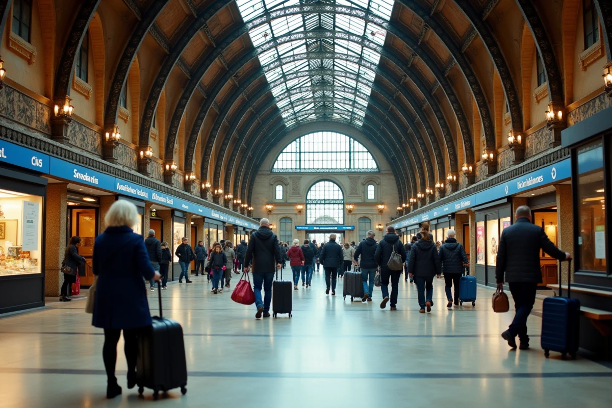 Hall principal de la gare de Lille Flandres avec ses arches en fer forgé et ses voyageurs traversant le grand concours