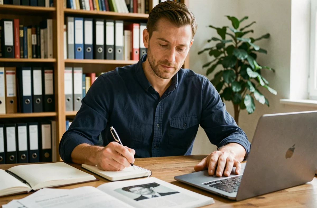 Homme concentré faisant le point sur des documents et notes dans un bureau à domicile organisé