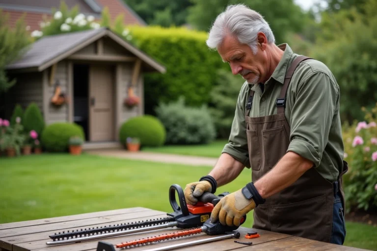 Homme d'âge moyen examinant des trimmers de jardinage dans son jardin