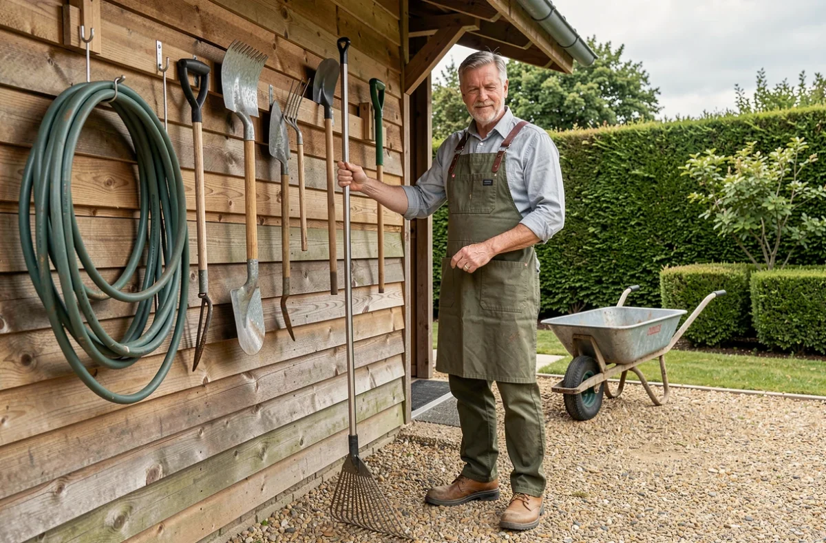 Homme sélectionnant un râteau dans un atelier de jardin bien organisé avec outils suspendus sur mur en bois