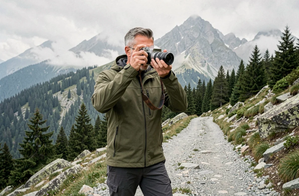 Homme photographiant un paysage montagnard sur un sentier de randonnée alpin, loisir plein air tendance