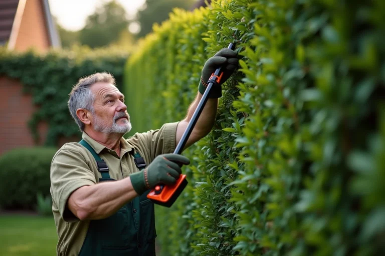 Homme utilisant un taille-haie télescopique pour tailler une haute haie de buis dans un jardin résidentiel