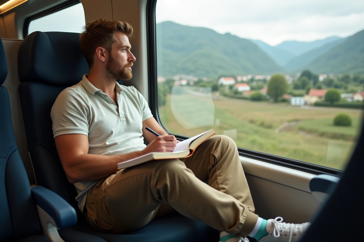 Homme regardant par la fenêtre d’un train en campagne