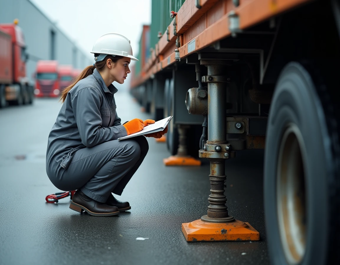 Technicienne inspectant les stabilisateurs hydrauliques d'un camion plateau avec grue dans un dépôt logistique