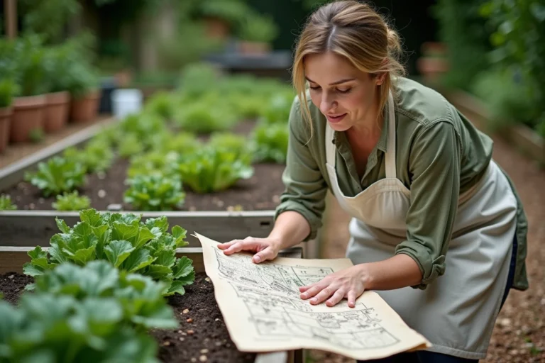 Jardinière consultant un plan de site illustré posé sur un banc en bois dans un potager organisé