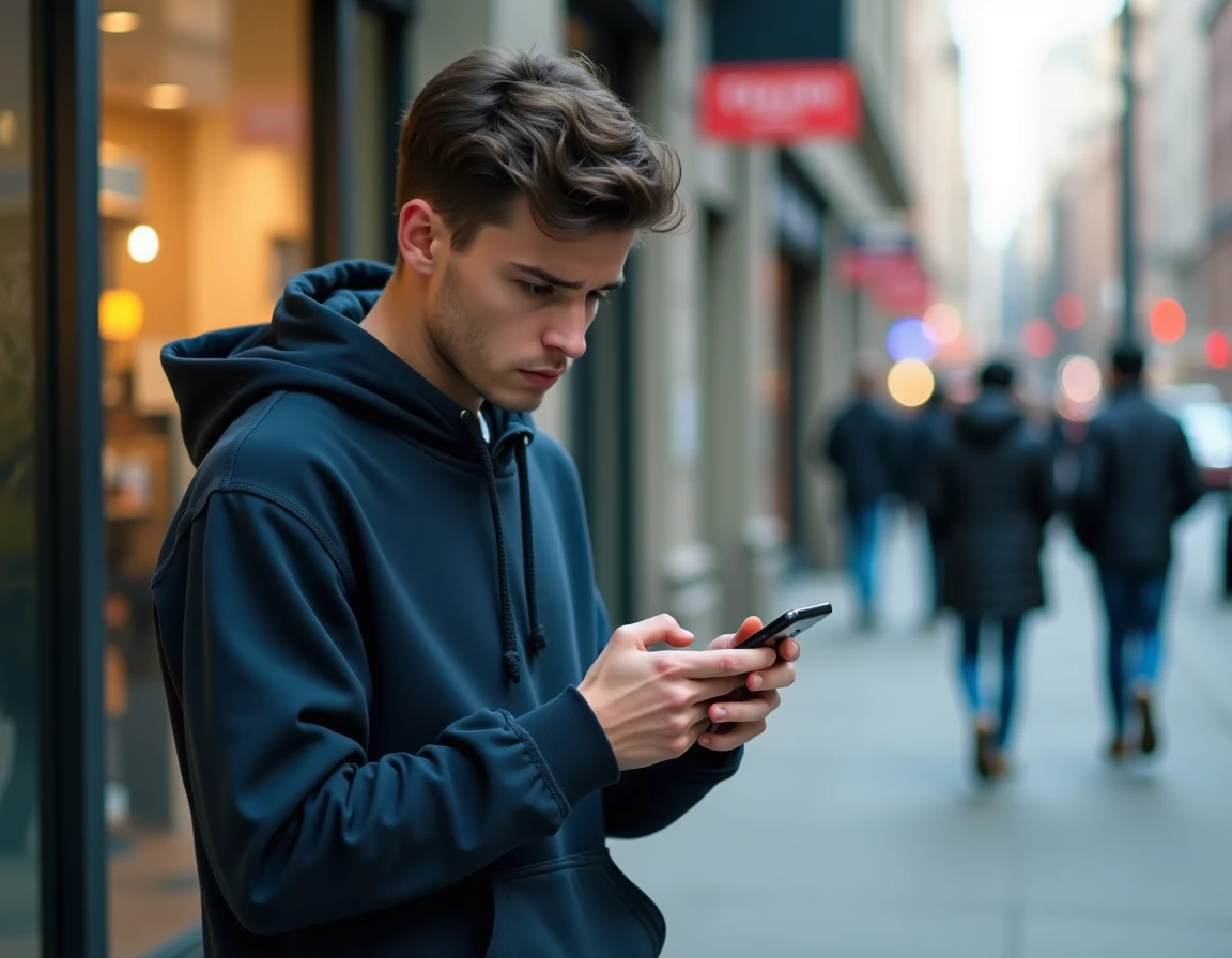 Jeune adulte dans la rue vérifiant un numéro de portable inconnu sur son téléphone