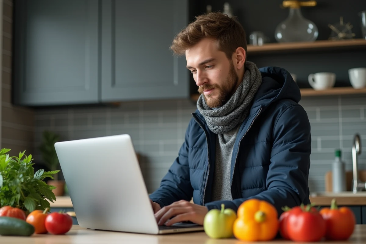 Jeune homme préparant ses courses dans la cuisine
