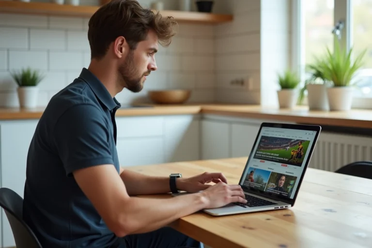 Jeune homme regardant un site de sport sur son ordinateur portable